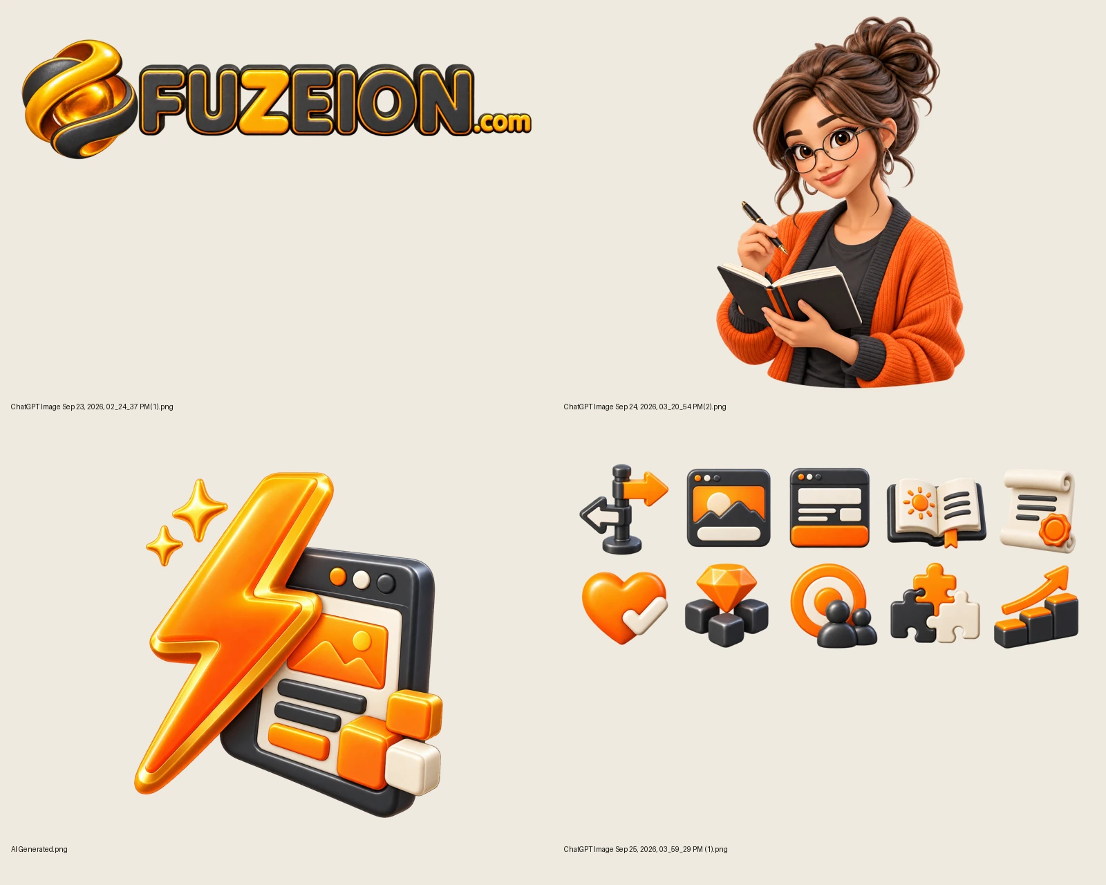 Dimensional FUZEION creative artwork on a warm neutral background