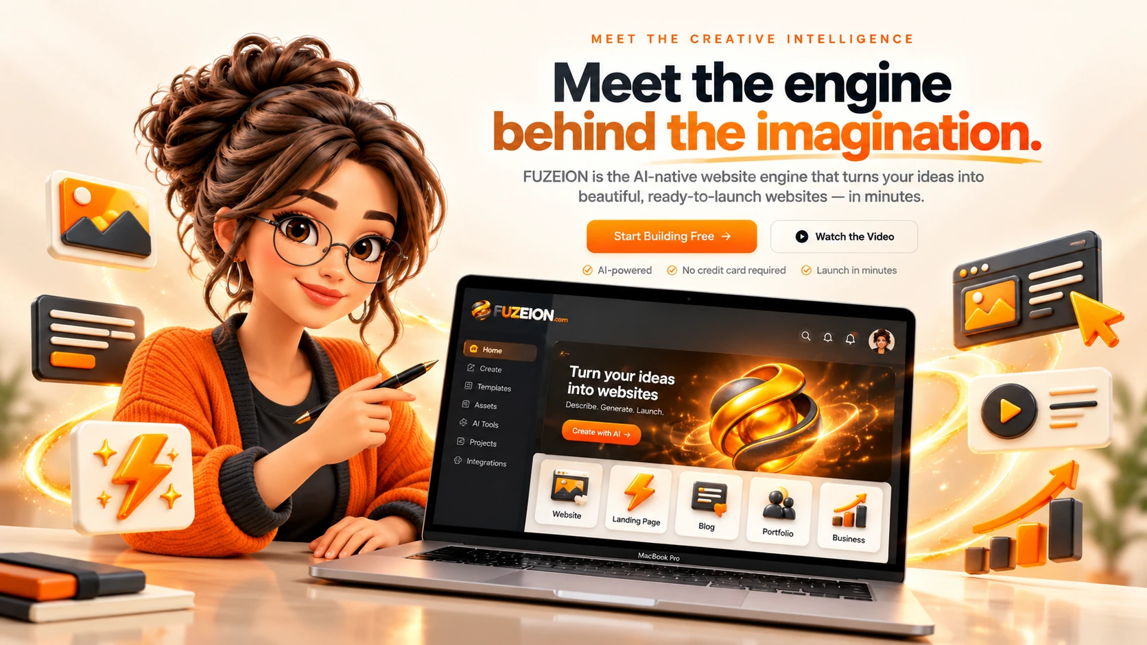 FUZEION Creative Intelligence: richly detailed cinematic interface concept with dimensional objects and AI-assisted design