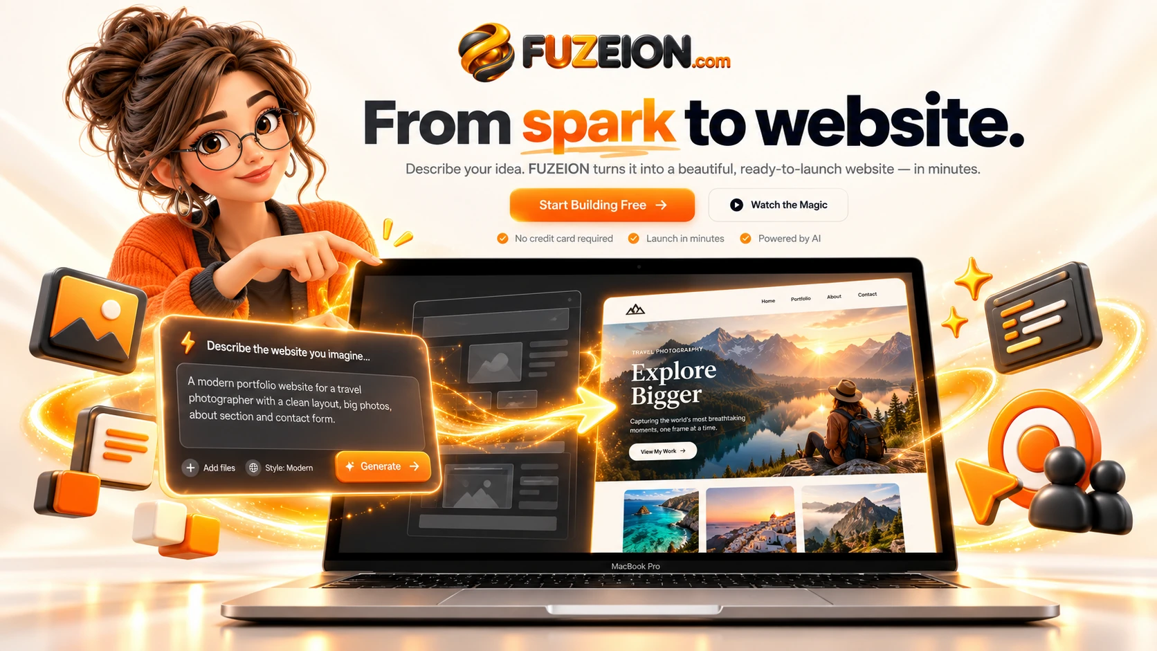 FUZEION cinematic artwork: a dimensional MacBook Pro surrounded by sculptural creative tools, in a warm gold and orange environment